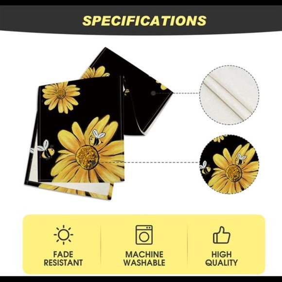 Bee Sunflower Table Runner Black, Home Decor 13 x 72" Black - Picture 6 of 6